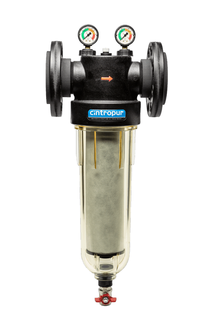Cintropur NW800 industrielt vandfilter med manometre og gennemsigtigt filterhus til effektiv vandfiltrering.